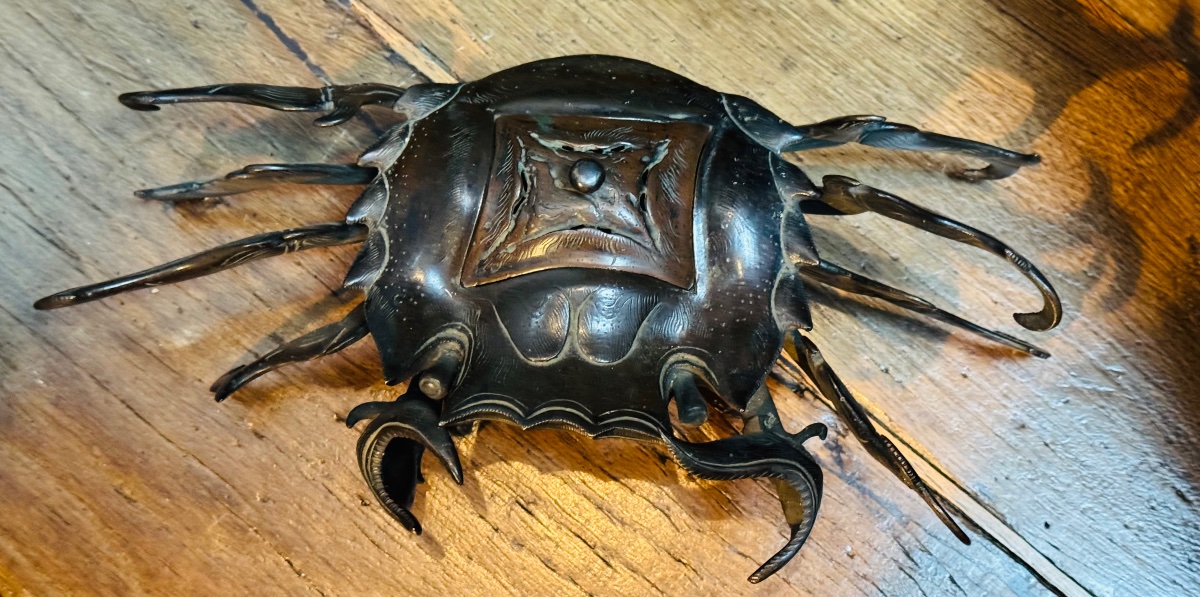 Large Japanese Bronze Incense Burner In The Shape Of A Crab - Brown Patina-photo-5