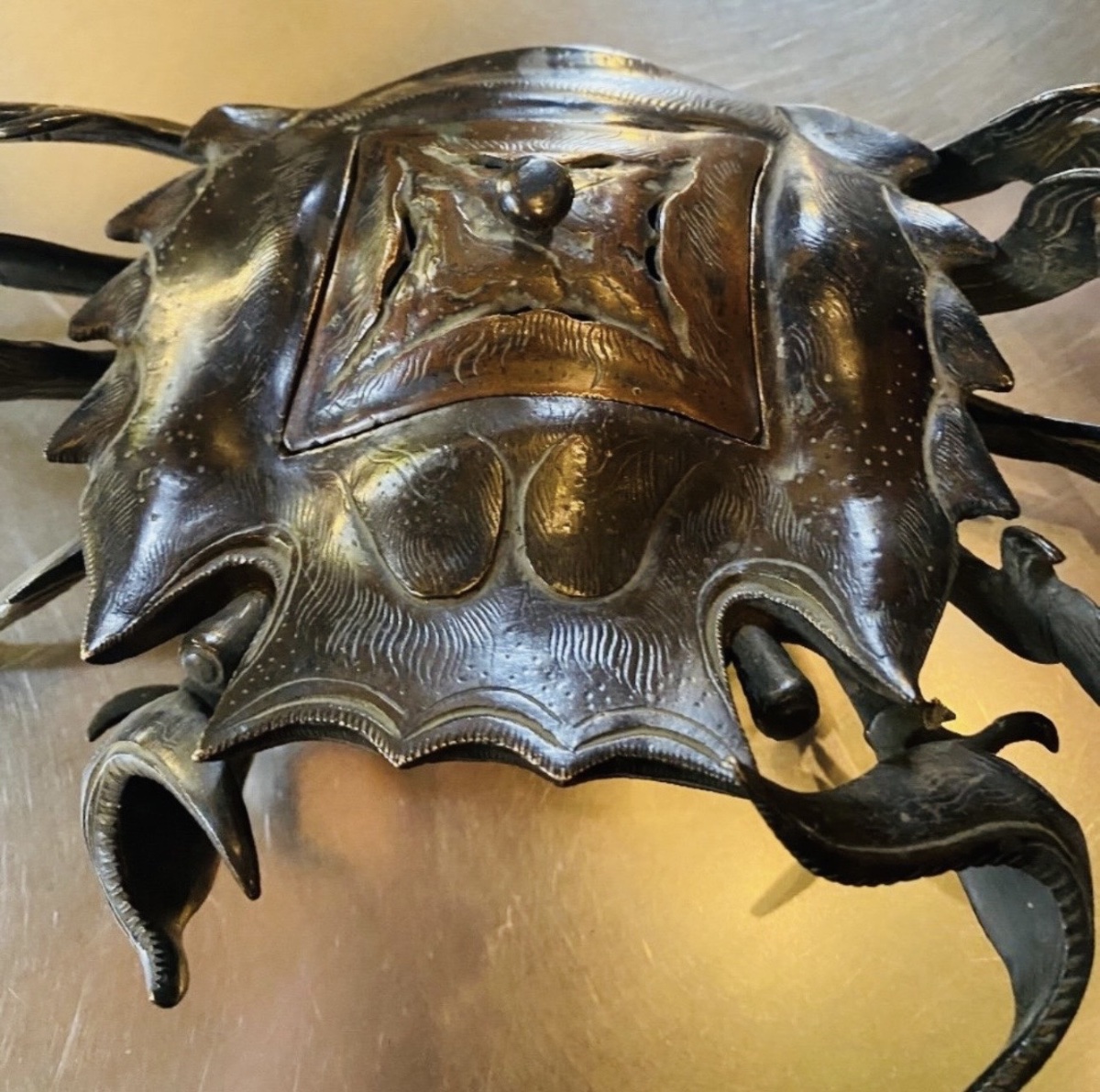 Large Japanese Bronze Incense Burner In The Shape Of A Crab - Brown Patina-photo-8