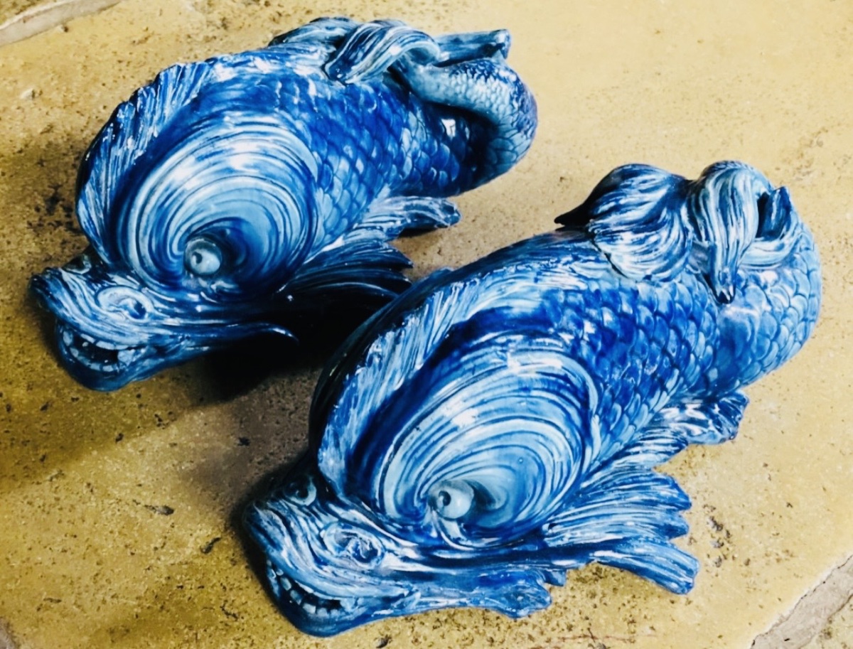Pair Of Turquoise-blue Glazed Earthenware Dolphins - 19th Century-photo-2