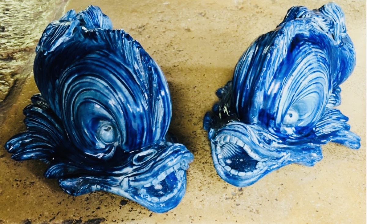 Pair Of Turquoise-blue Glazed Earthenware Dolphins - 19th Century-photo-3