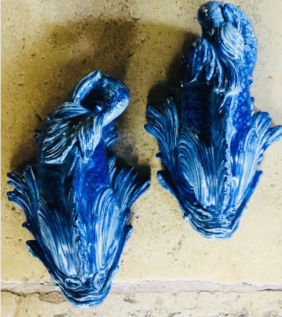 Pair Of Turquoise-blue Glazed Earthenware Dolphins - 19th Century-photo-4