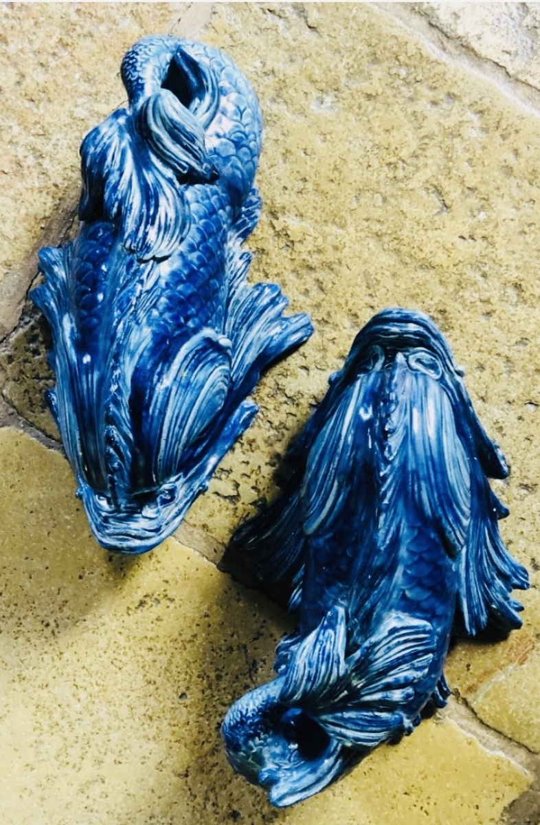 Pair Of Turquoise-blue Glazed Earthenware Dolphins - 19th Century-photo-3