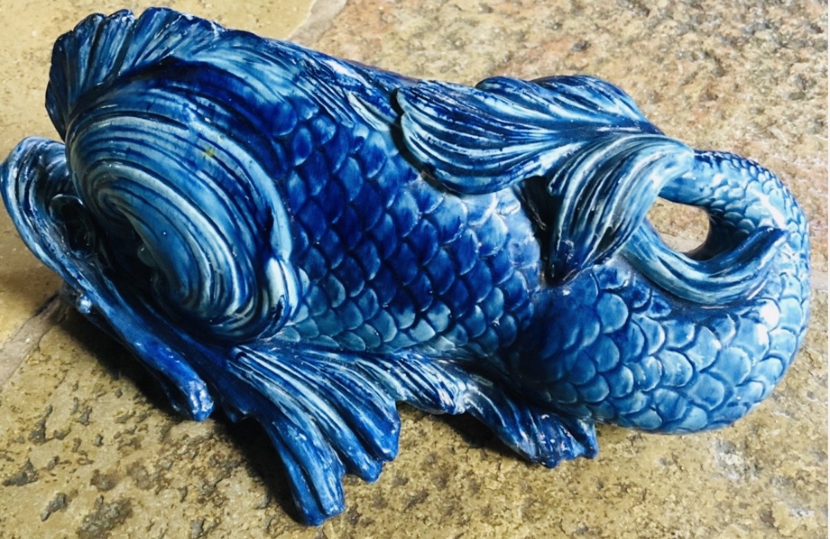 Pair Of Turquoise-blue Glazed Earthenware Dolphins - 19th Century-photo-7