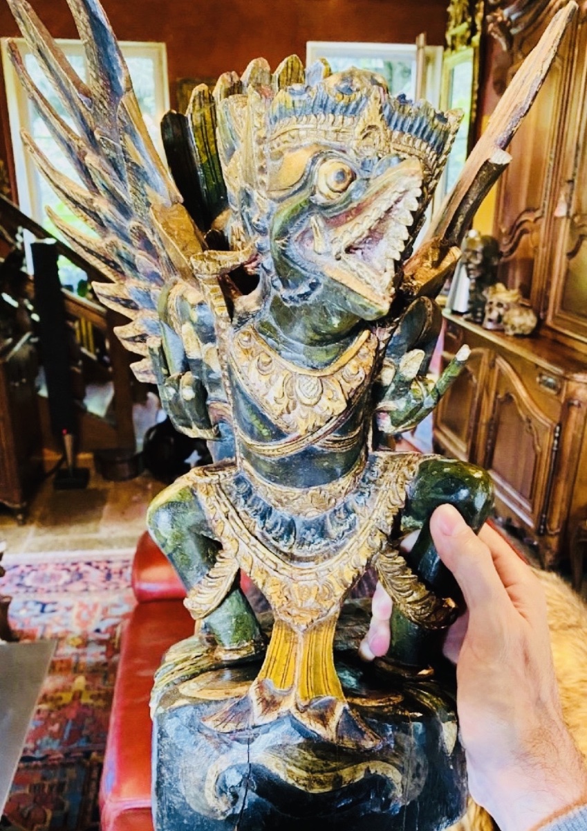 GAROUDA EN BOIS POLYCHROME ET BOIS DORÉ, INDE 1ERE MOITIÉ DU XX EME SIÈCLE-photo-3
