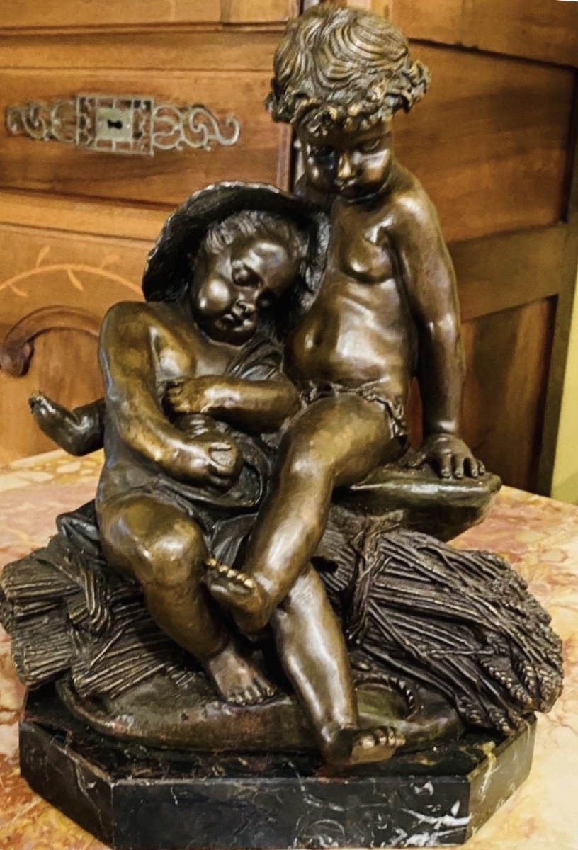 ALLÉGORIE DE L’ÉTÉ – LES ENFANTS AU jardin, BRONZE À PATINE MÉDAILLE, VERS 1900-photo-3