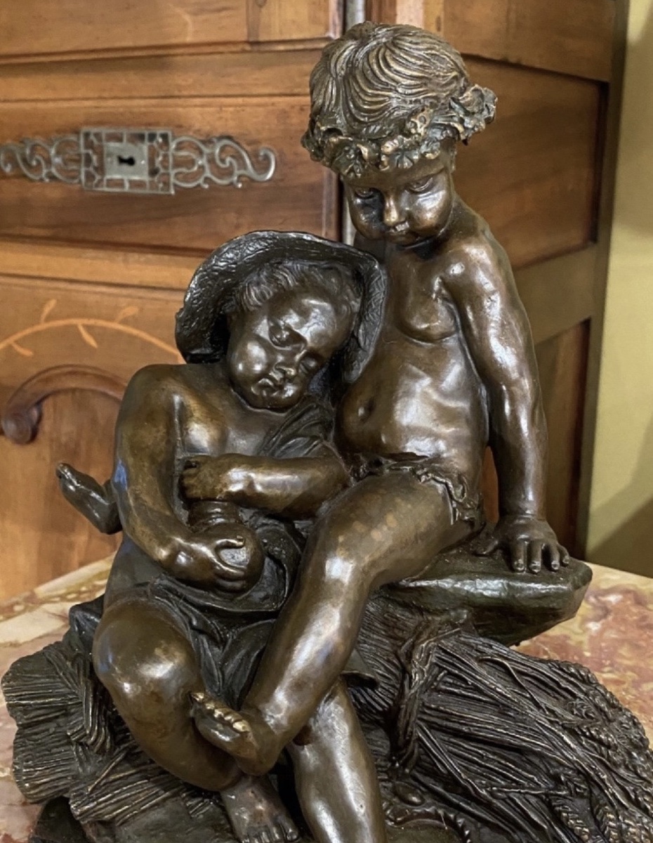 ALLÉGORIE DE L’ÉTÉ – LES ENFANTS AU jardin, BRONZE À PATINE MÉDAILLE, VERS 1900-photo-4