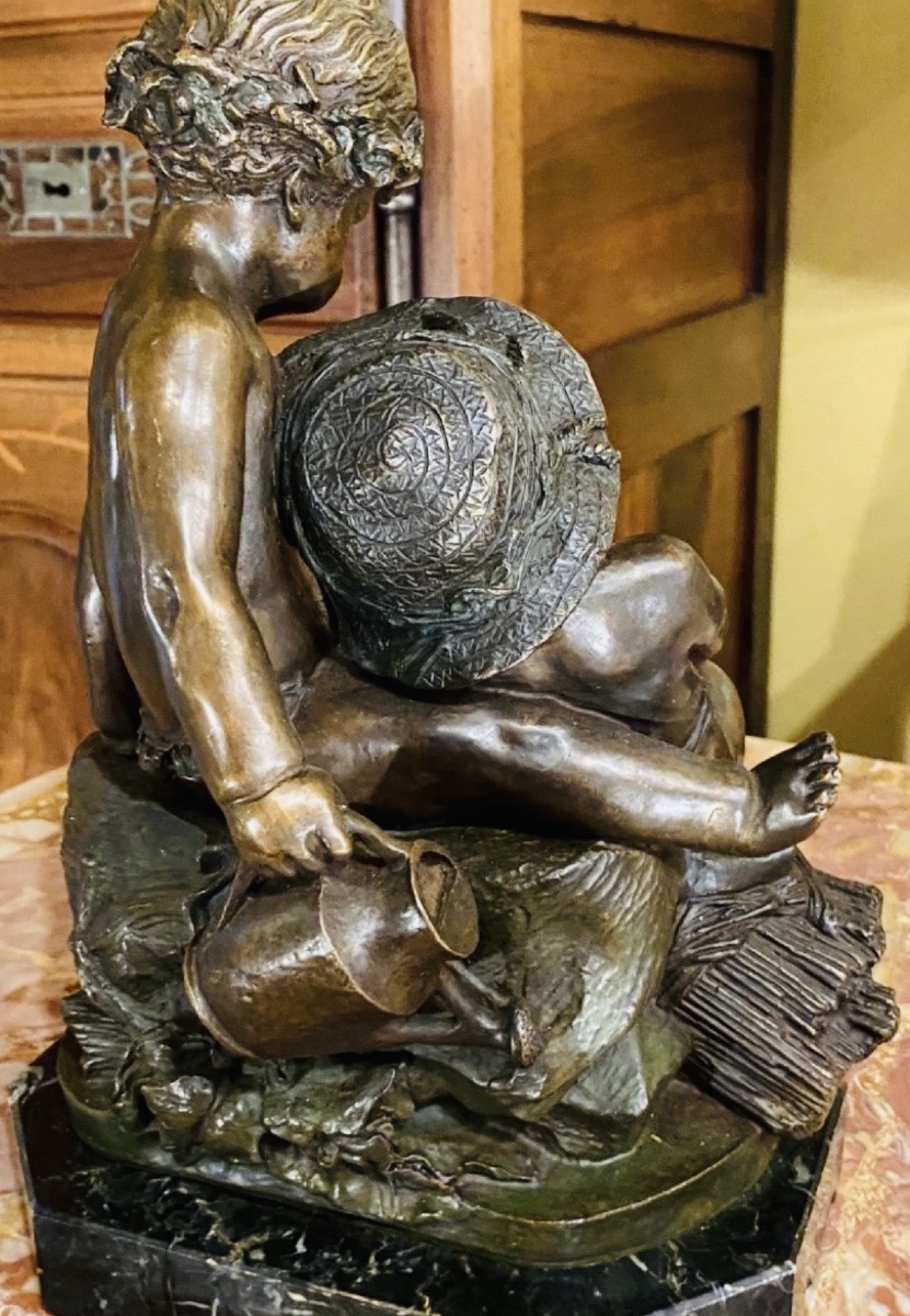 ALLÉGORIE DE L’ÉTÉ – LES ENFANTS AU jardin, BRONZE À PATINE MÉDAILLE, VERS 1900-photo-7