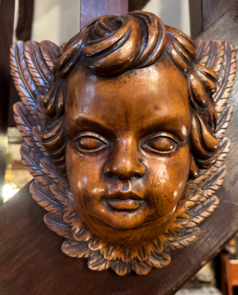 Large, Winged Angel Head, Carved From Wood – Cherub With A Blonde Patina, Circa 1900-photo-3