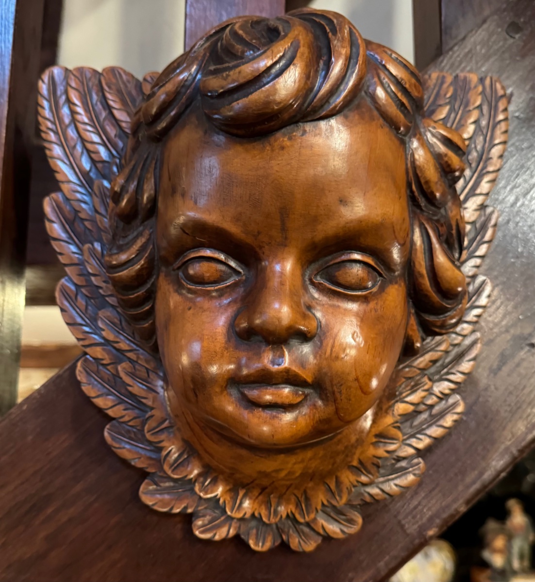 Large, Winged Angel Head, Carved From Wood – Cherub With A Blonde Patina, Circa 1900-photo-4