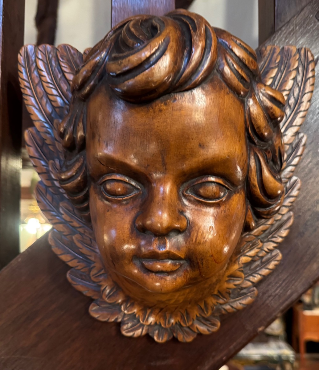 Large, Winged Angel Head, Carved From Wood – Cherub With A Blonde Patina, Circa 1900-photo-3