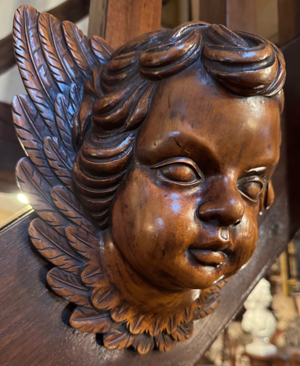 Large, Winged Angel Head, Carved From Wood – Cherub With A Blonde Patina, Circa 1900-photo-5