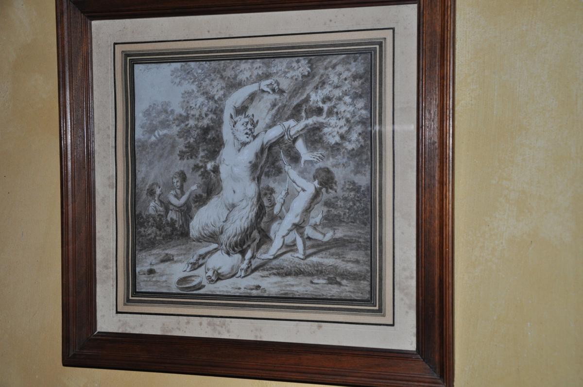 Sepia Drawing From The XVIII Century: Satyr Linked By Two Putti-photo-2