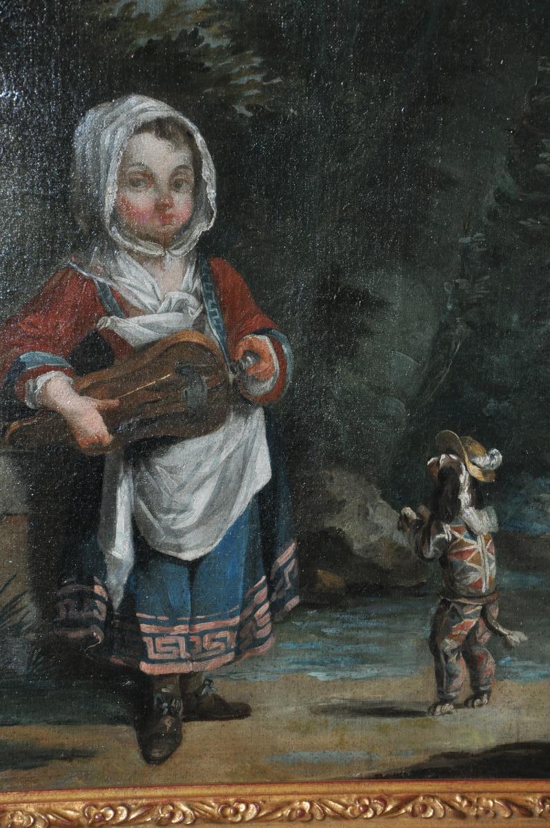 Oil On Canvas Of XVIIIth Century: Young Girl Playing Music With Her Dog Knowing-photo-2