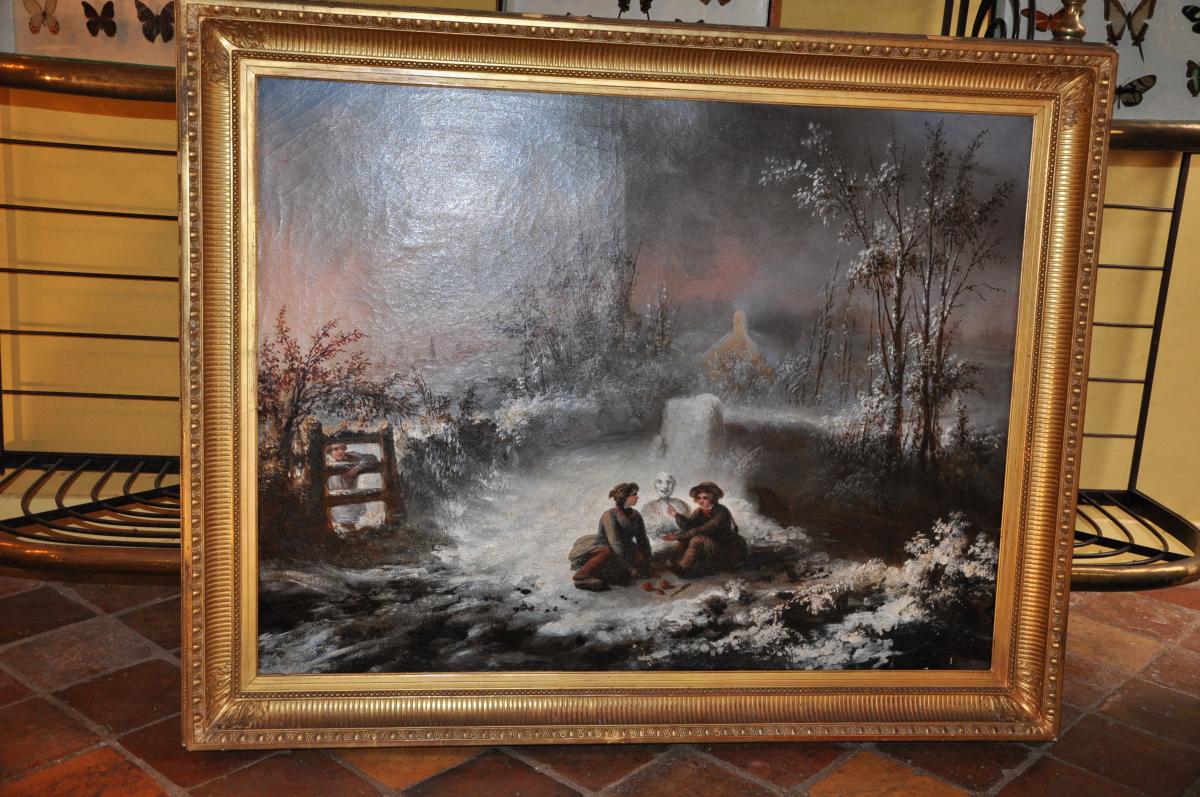 Large Oil On Canvas Of The Nineteenth Century: Children To The Snowman-photo-2
