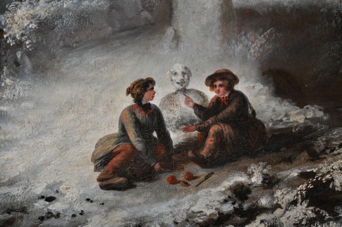 Large Oil On Canvas Of The Nineteenth Century: Children To The Snowman-photo-4