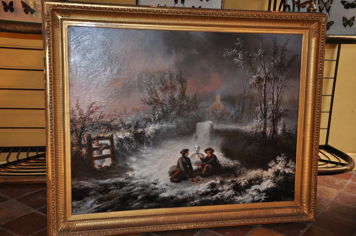 Large Oil On Canvas Of The Nineteenth Century: Children To The Snowman-photo-8