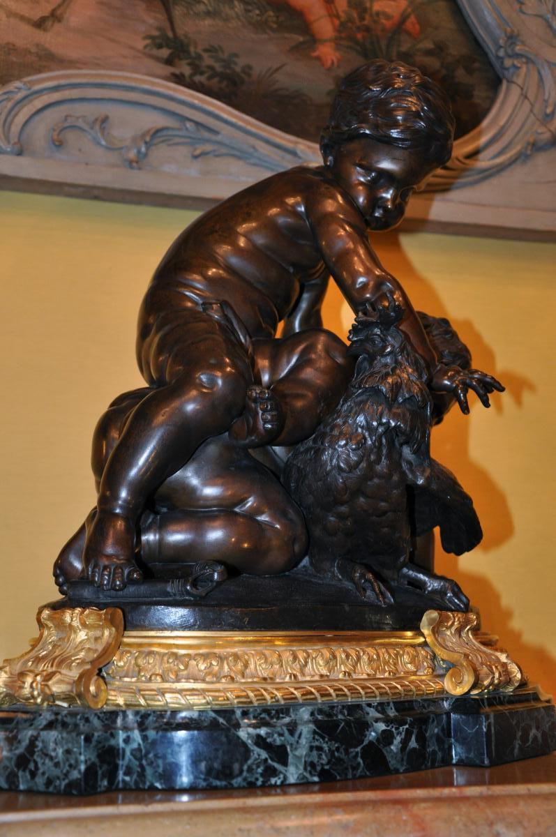 Grand Bronze d'époque Restauration : Enfants Jouant Avec Un Coq-photo-1