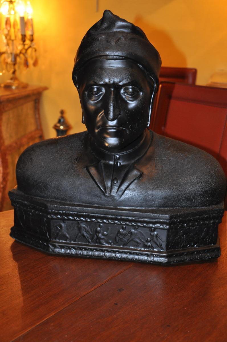 Large Dante Bust In Black Patina Plaster-photo-2