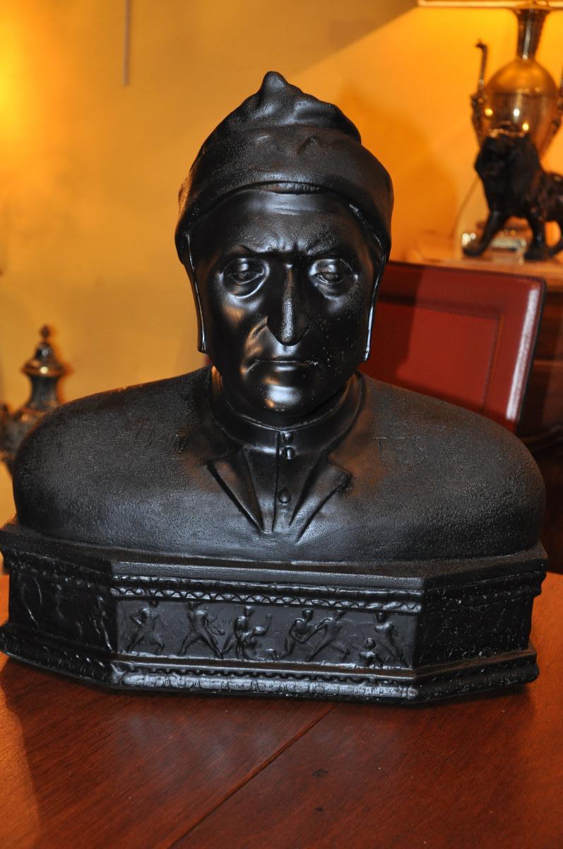 Large Dante Bust In Black Patina Plaster-photo-1