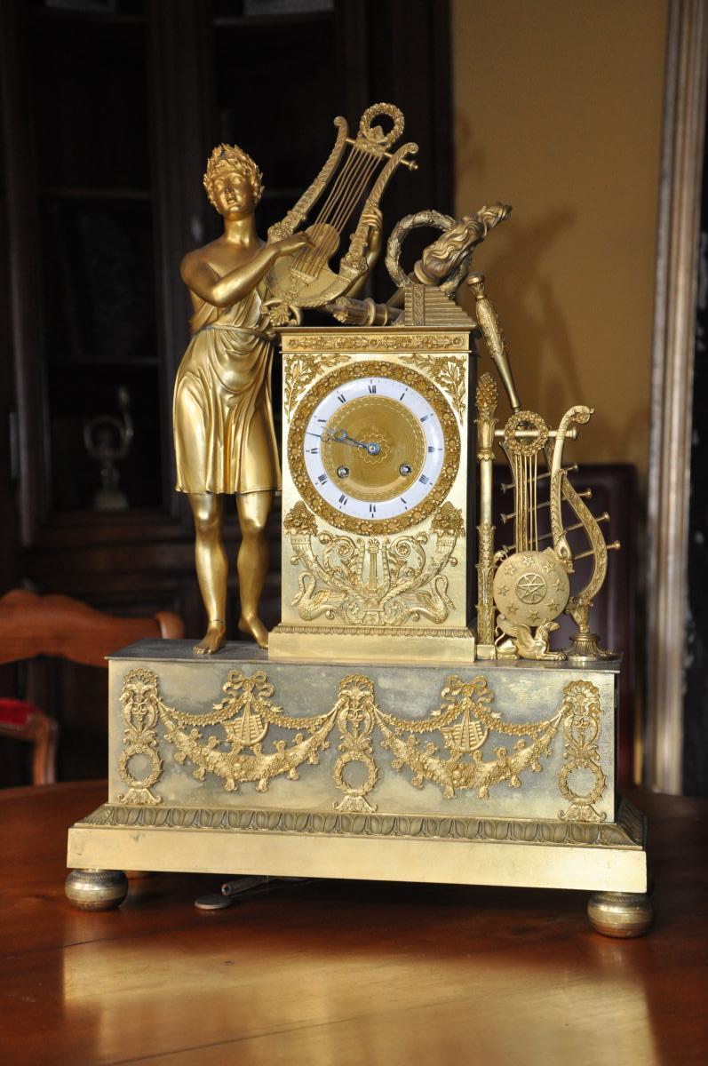 Large Gilded Bronze Pendulum: Orphée, Restoration Period