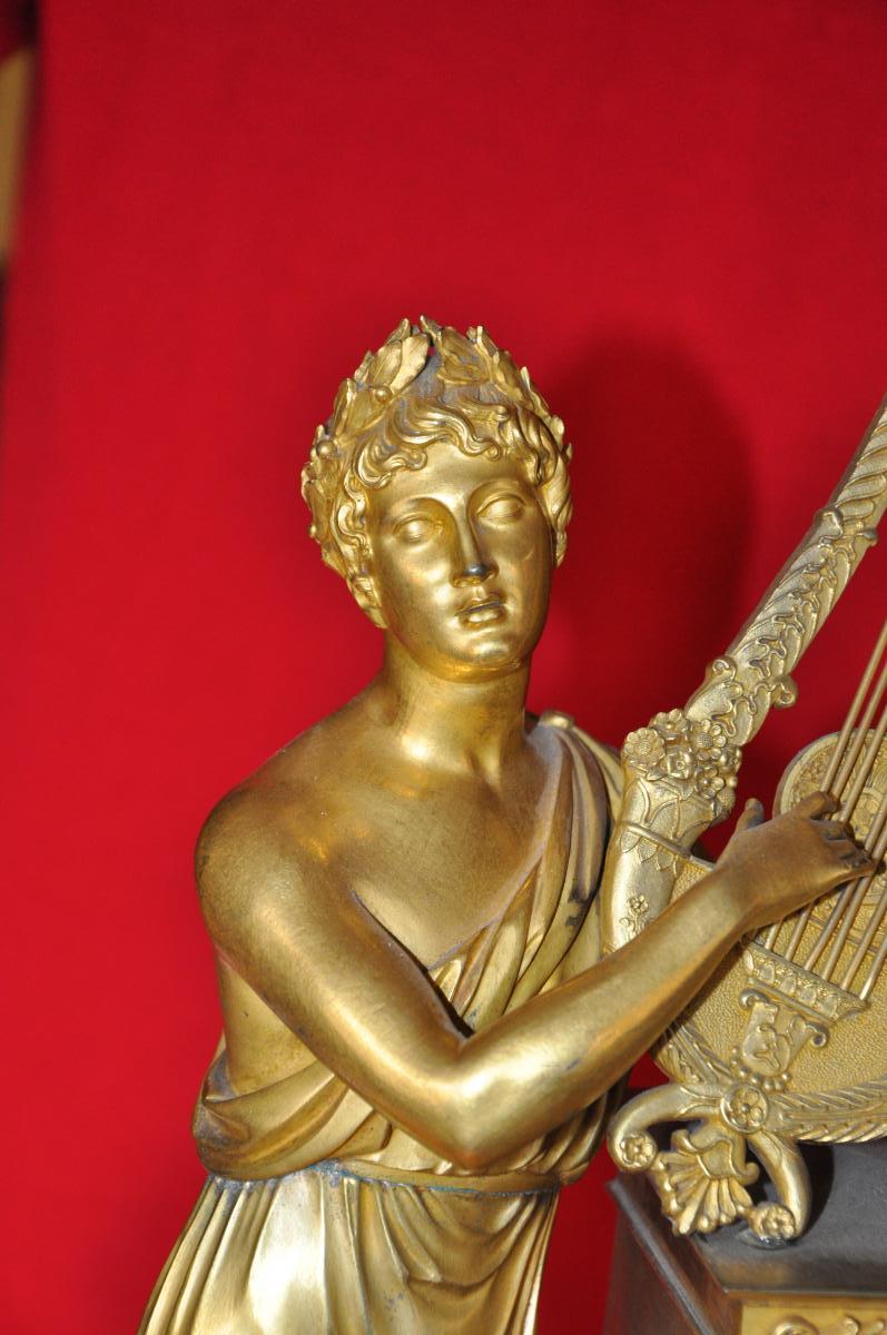Large Gilded Bronze Pendulum: Orphée, Restoration Period-photo-2