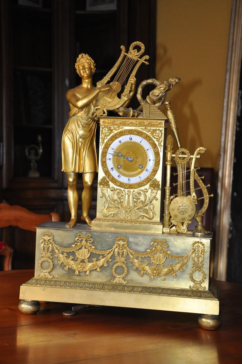 Large Gilded Bronze Pendulum: Orphée, Restoration Period-photo-5