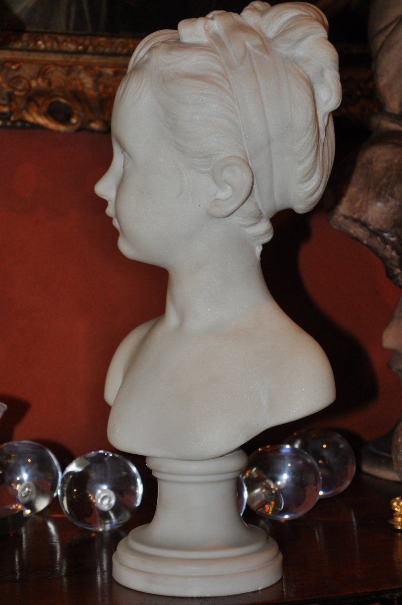 Bust Of A Girl In Marble, Louise Brongniart After Houdon, In White Marble, Nineteenth-photo-4