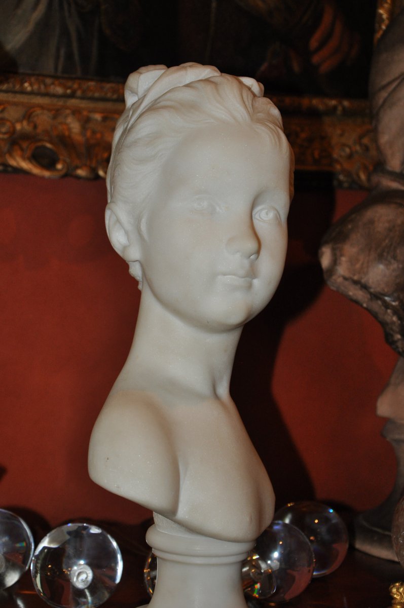 Bust Of A Girl In Marble, Louise Brongniart After Houdon, In White Marble, Nineteenth-photo-4