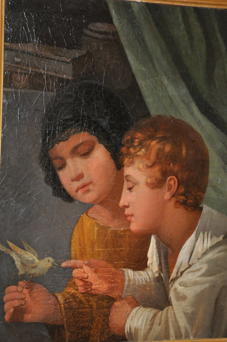 Two Children Singing A Bird, Oil On Canvas End Of Eighteenth Century-photo-2