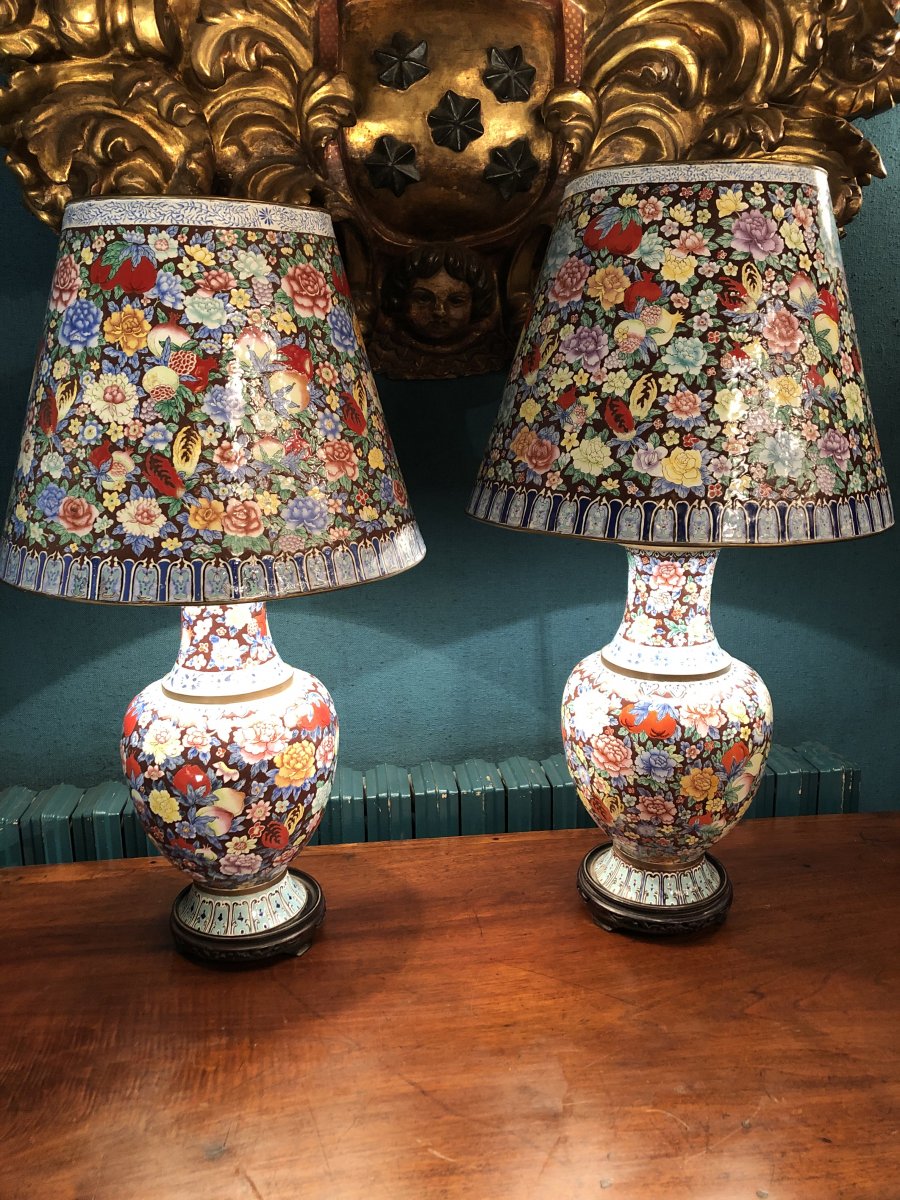 Paire De Lampe Mille fleurs en émaux Circa 1950-photo-7