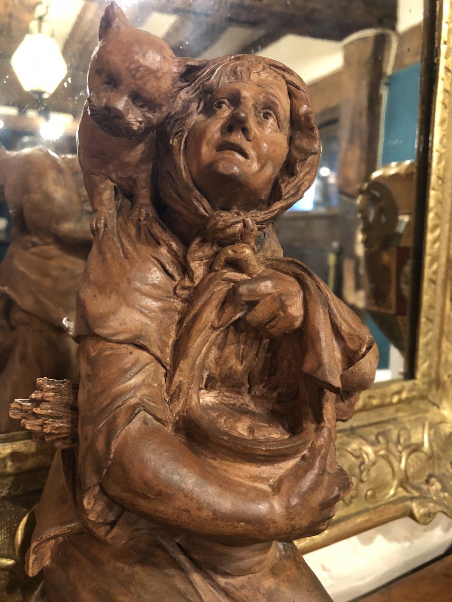 Terracotta From Beginning Of XIX Eme Century: Old Woman With Dog And Cat-photo-2