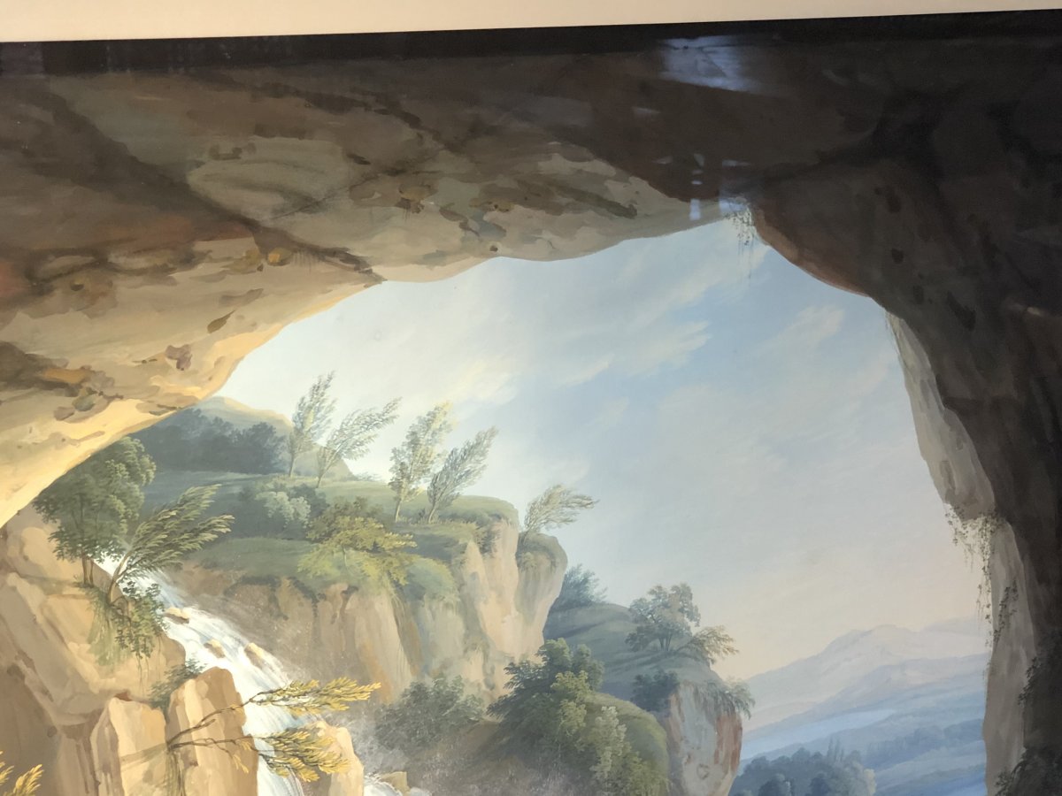 La Grotte De Neptune à Tivoli, Grande Gouache Romantique Du XIXe Siècle -photo-2