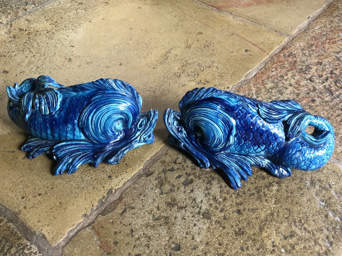 Pair Of Dolphins In Blue Earthenware Nineteenth Century-photo-2