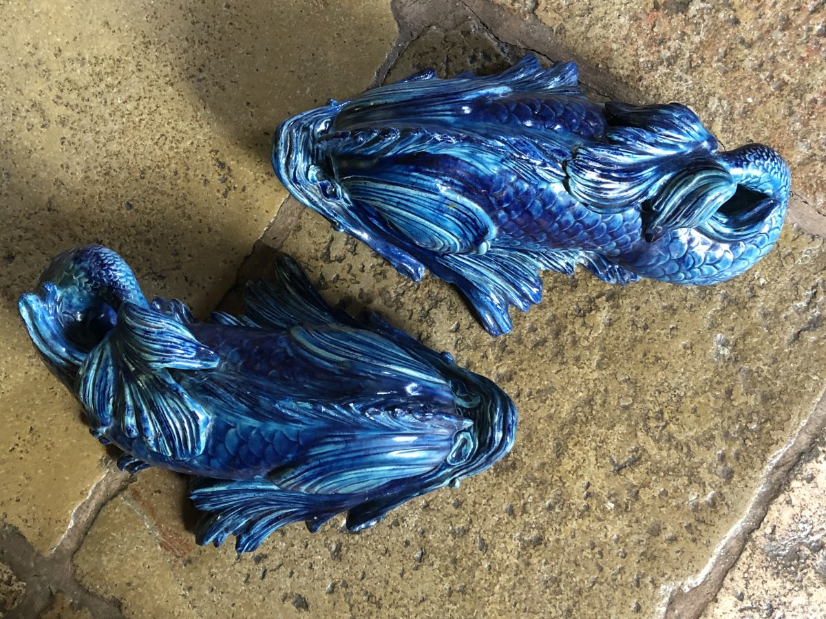 Pair Of Dolphins In Blue Earthenware Nineteenth Century-photo-3