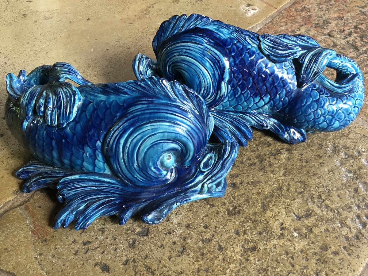 Pair Of Dolphins In Blue Earthenware Nineteenth Century-photo-4