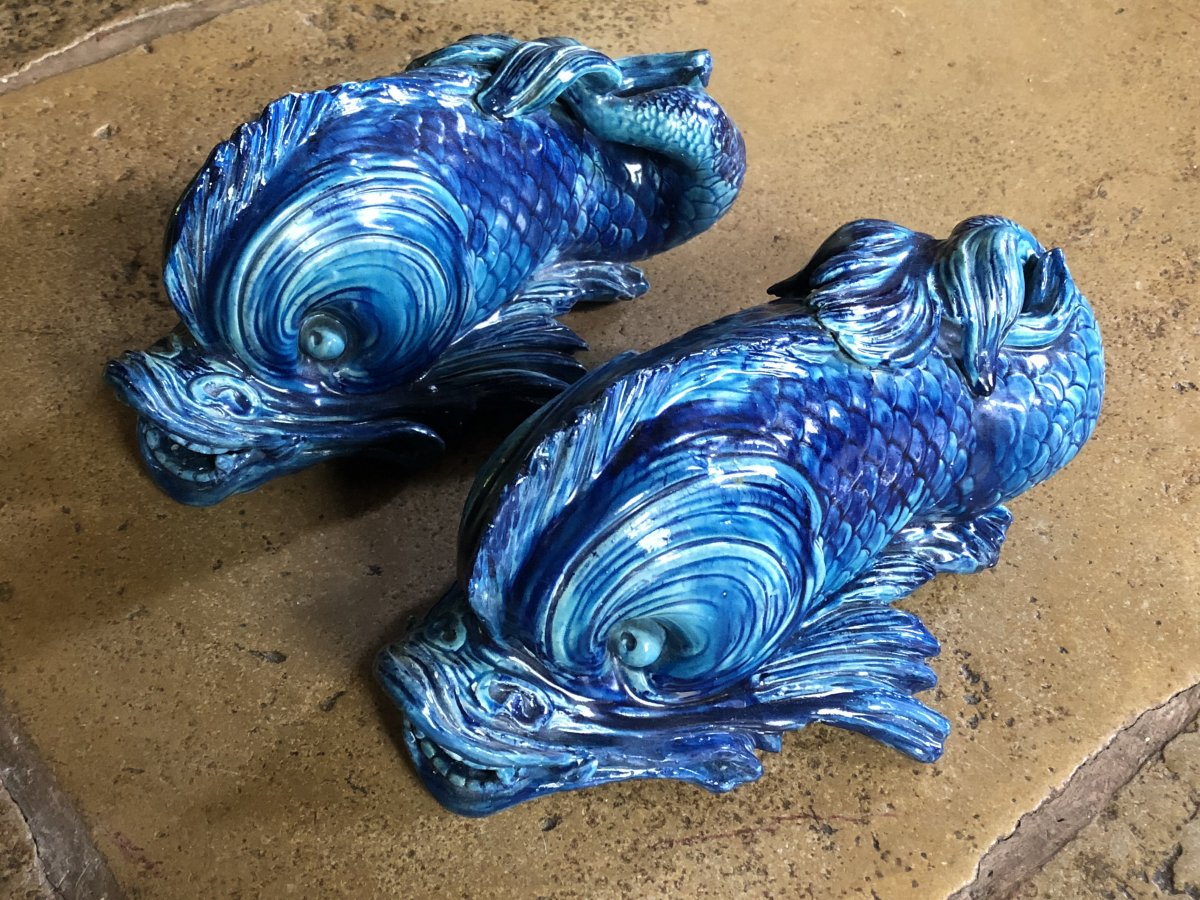 Pair Of Dolphins In Blue Earthenware Nineteenth Century