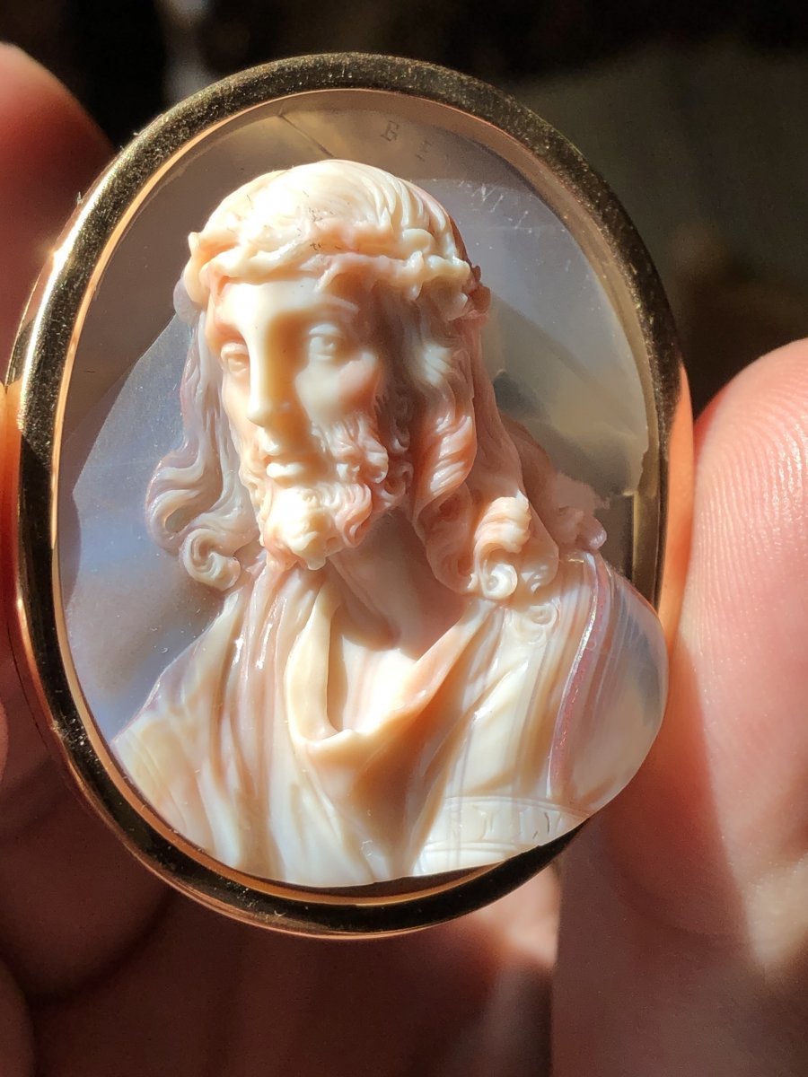 Antonio Berini, Cameo In Agate Nineteenth, Profile Of Christ-photo-2