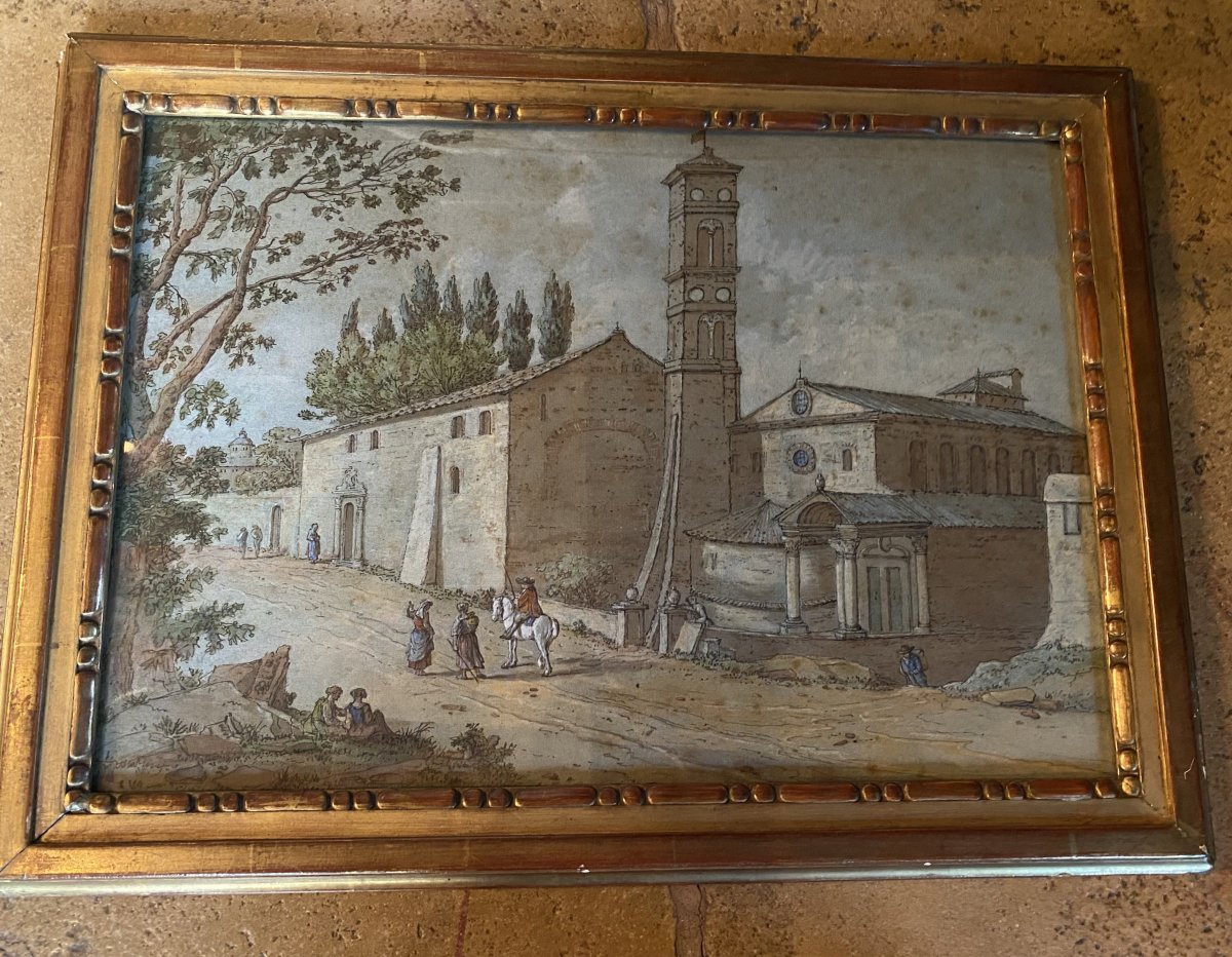 Rome, L’église De Santa Agnese Sur La Via Nomentana. Gouache Animée Du XVIII Eme Siècle 