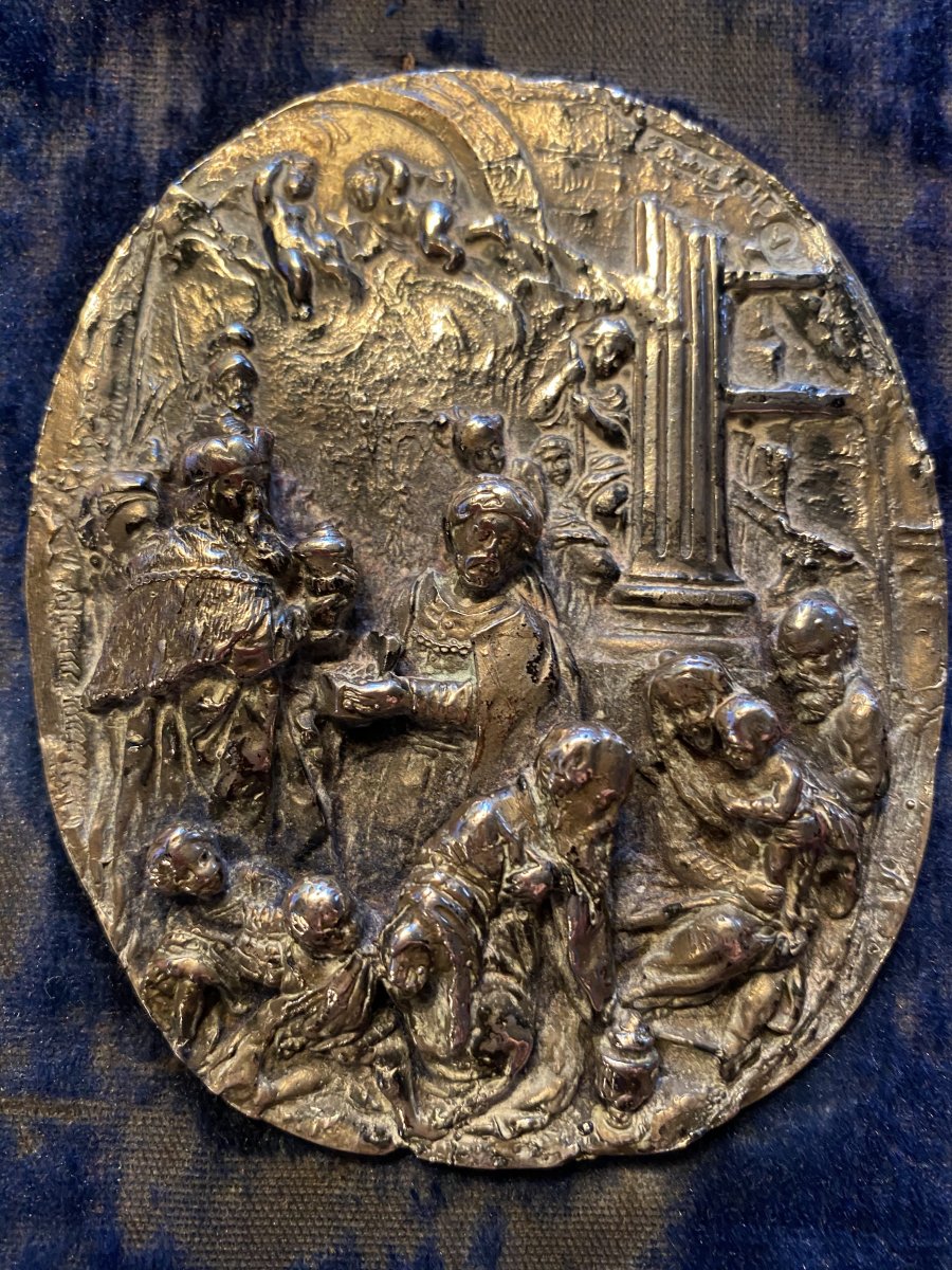 L’épiphanie, Plaque En Bronze Argenté Vers 1950, Valenti