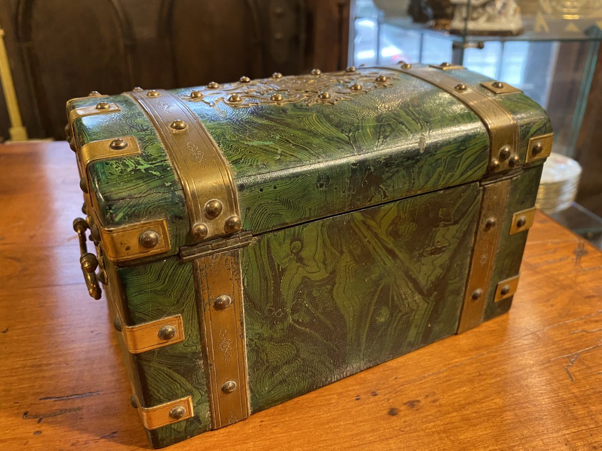 Green Marbled Tea Box , In Malachite Style From Russia And Brass Decor From XIX Eme Century-photo-5