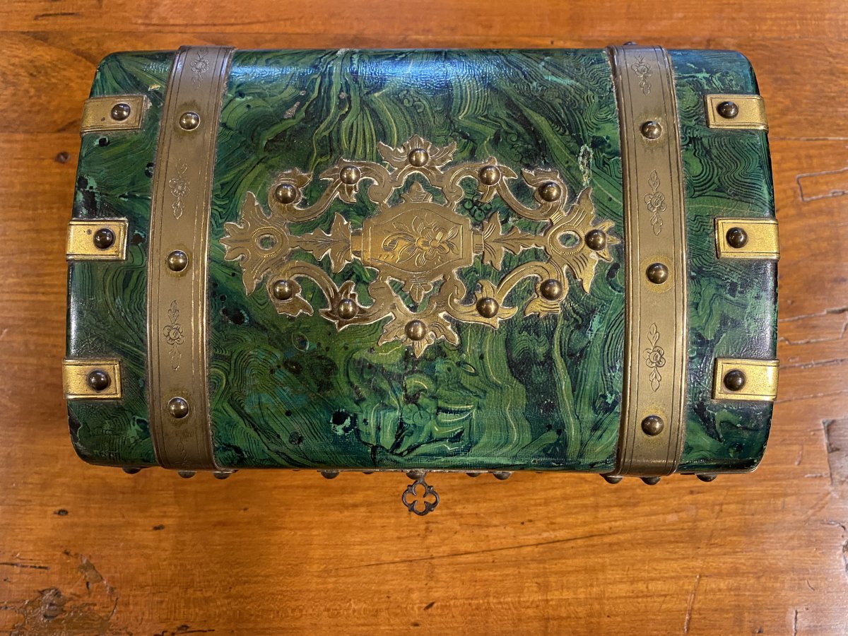 Green Marbled Tea Box , In Malachite Style From Russia And Brass Decor From XIX Eme Century-photo-6