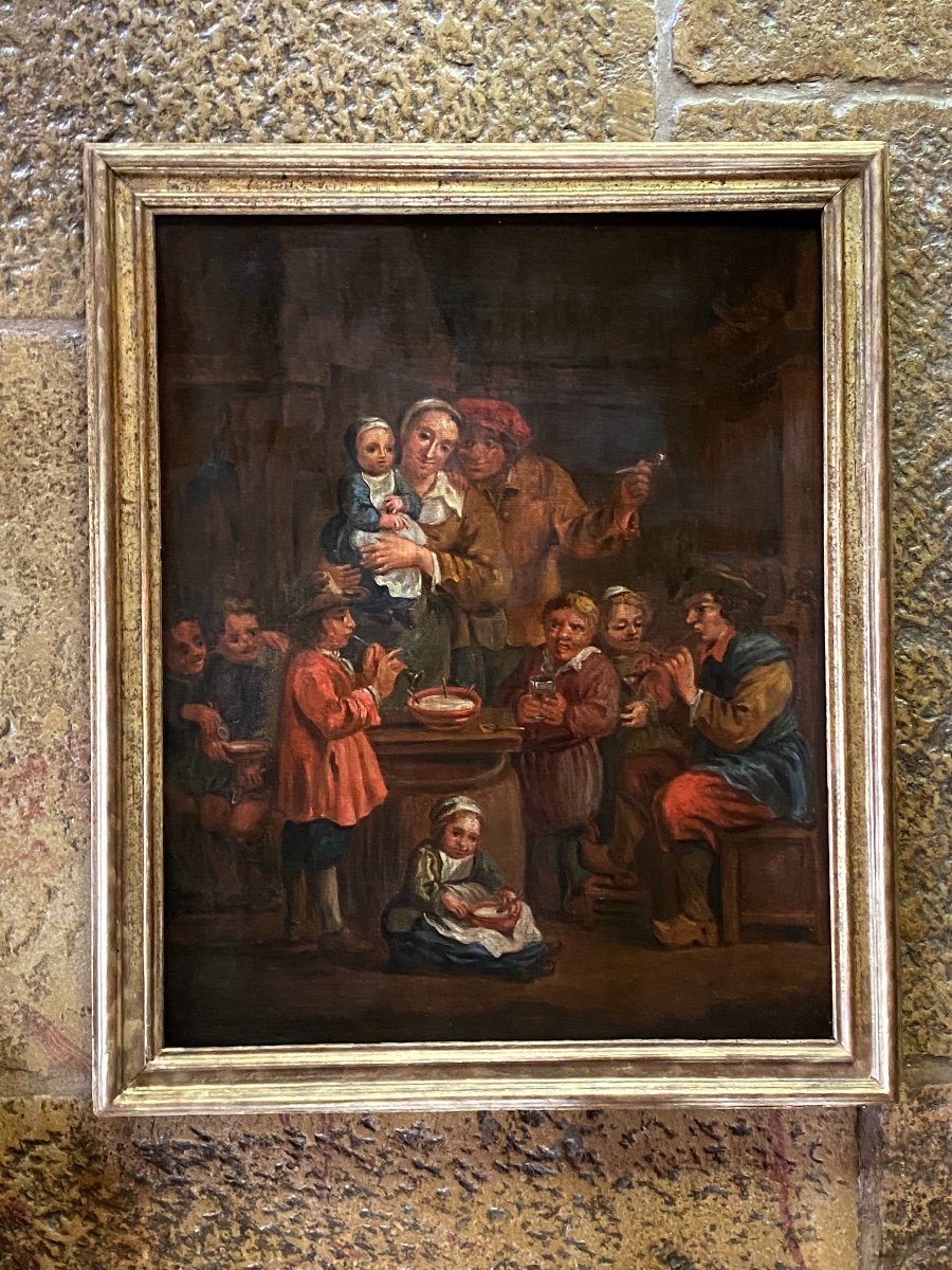 Famille Nombreuse Dans Un Intérieur, Huile Sur Toile Du XVIII Dans Le Goût E De Teniers-photo-2