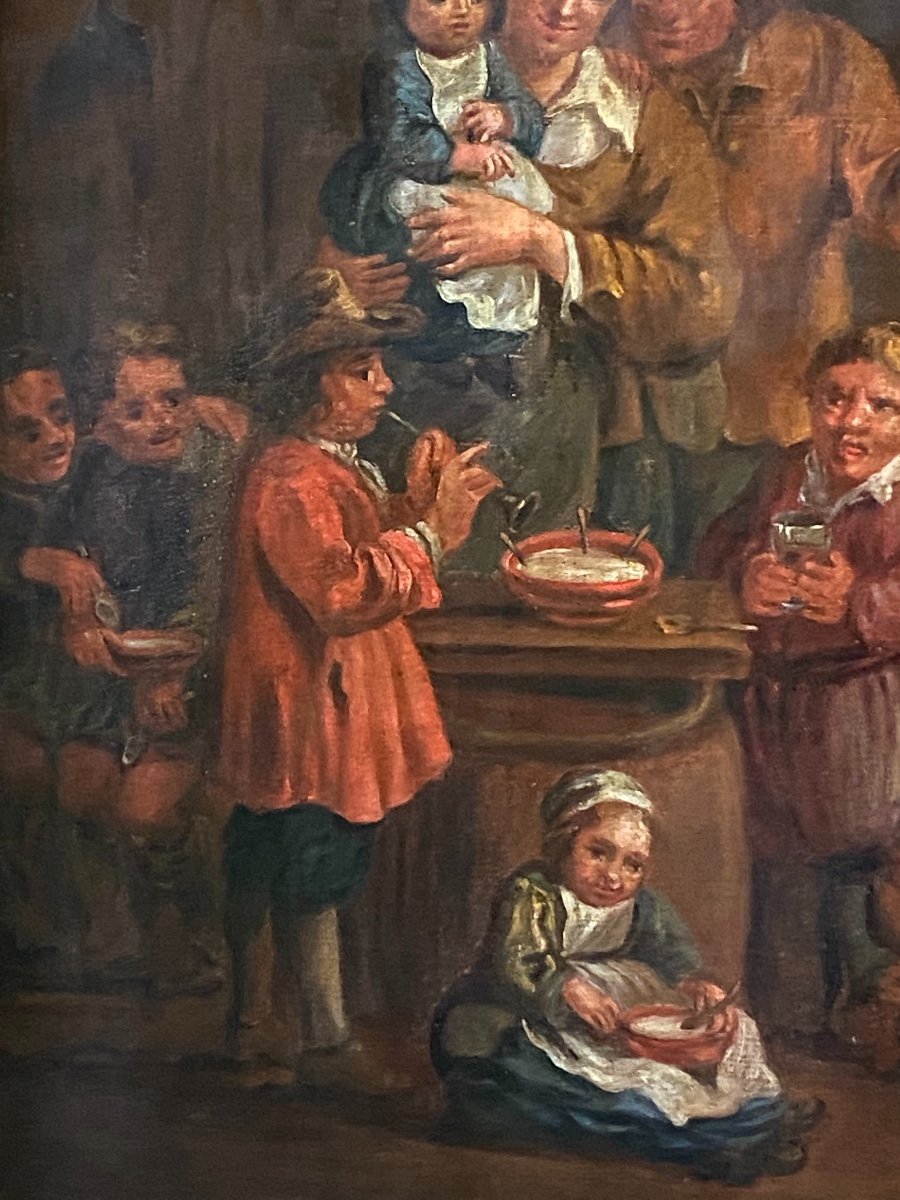 Famille Nombreuse Dans Un Intérieur, Huile Sur Toile Du XVIII Dans Le Goût E De Teniers-photo-4