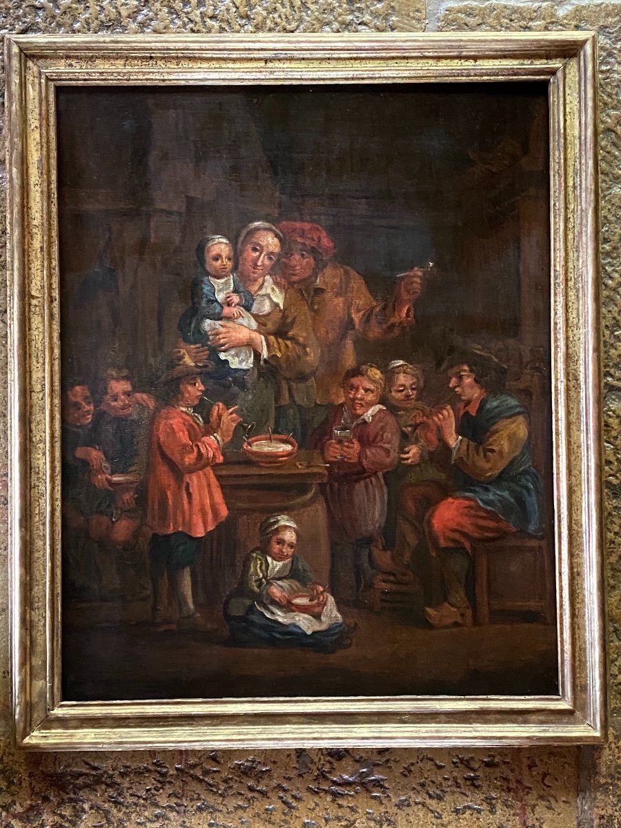 Large Family In An Interior, Oil On Canvas From The XVIII In The Taste E Of Teniers