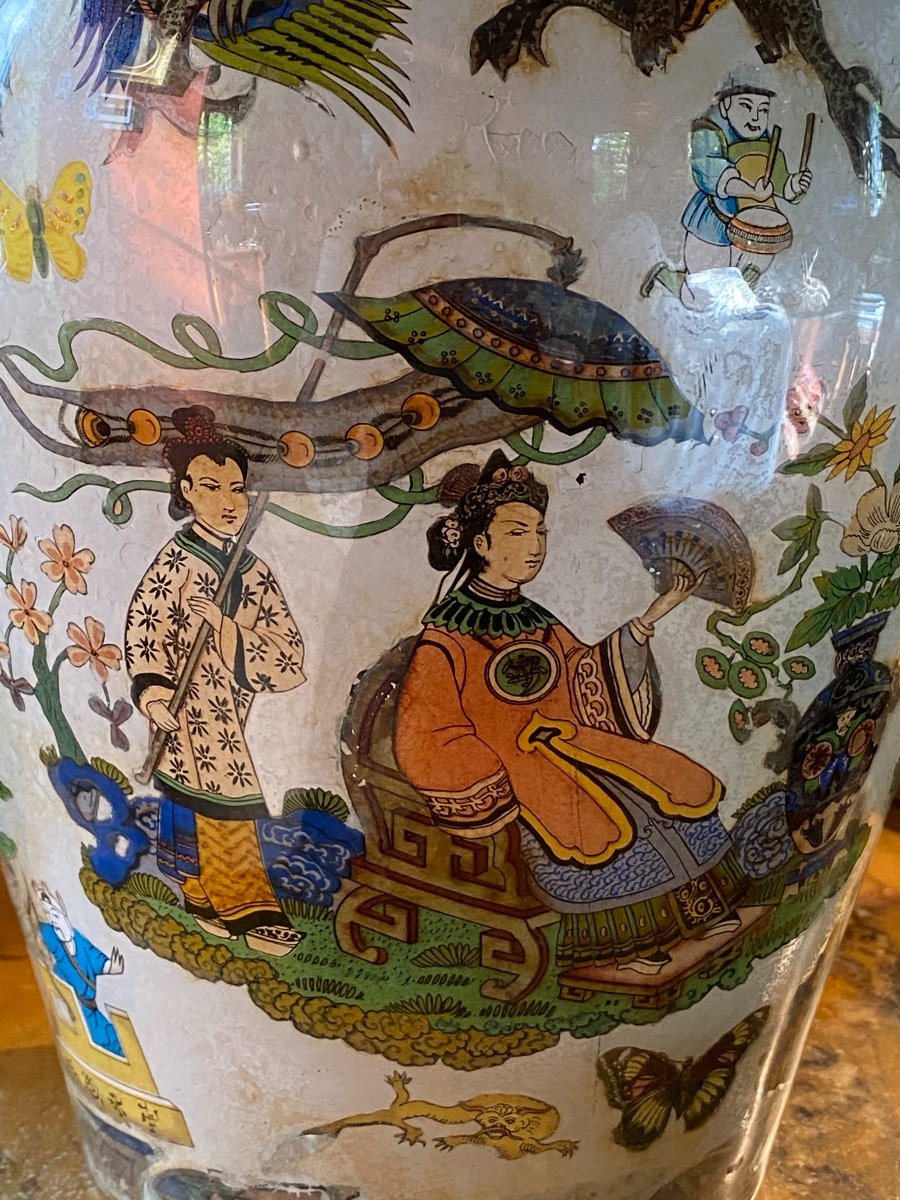 Grand Vase Couvert En Verre Décor Au Chinois, XIX Eme Siècle -photo-2