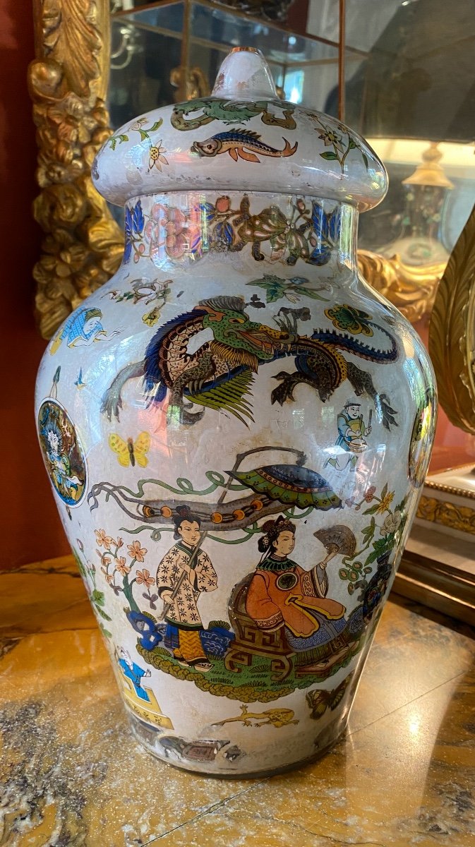 Grand Vase Couvert En Verre Décor Au Chinois, XIX Eme Siècle -photo-8