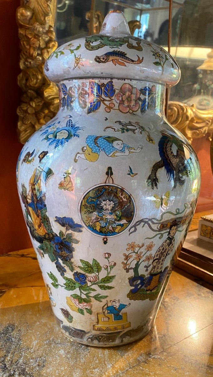 Grand Vase Couvert En Verre Décor Au Chinois, XIX Eme Siècle -photo-5