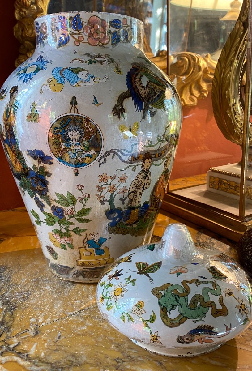 Grand Vase Couvert En Verre Décor Au Chinois, XIX Eme Siècle -photo-6