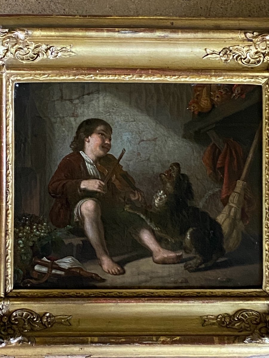 Le Chien Mélomane, Huile Sur Toile Du Milieu Du XIX Eme Siècle -photo-3