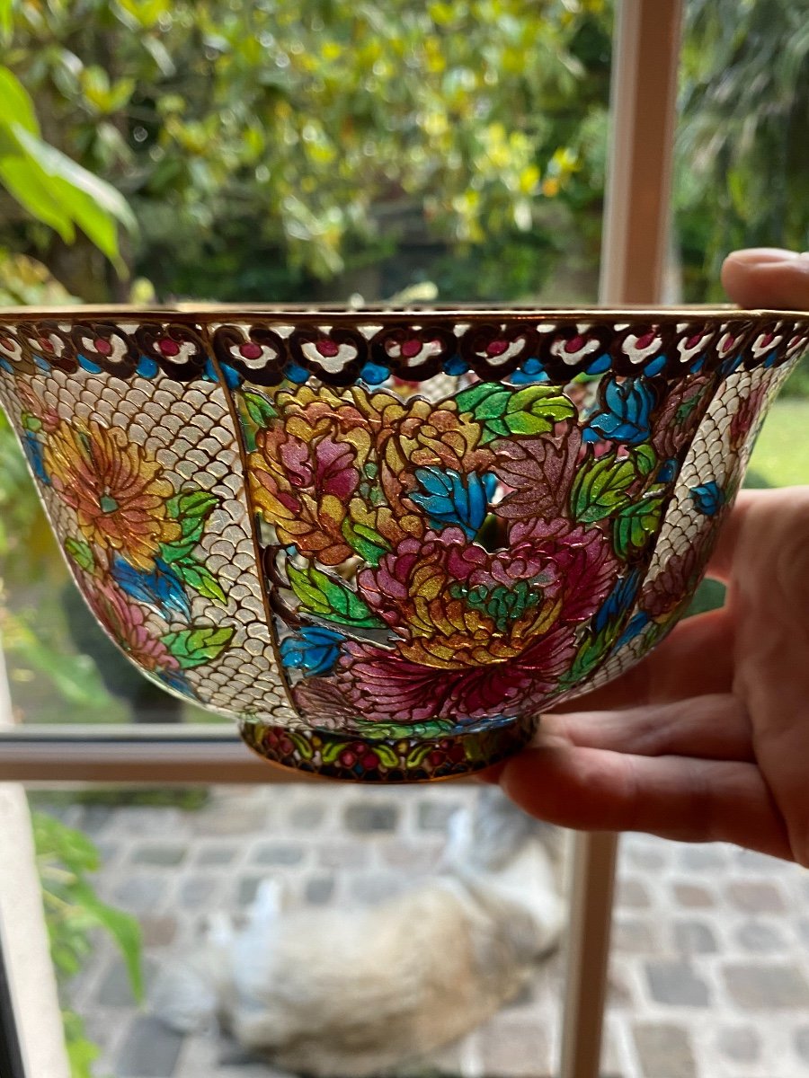 Enamel Cup Plique à Jour, With Peonies, China Circa 1930-photo-1